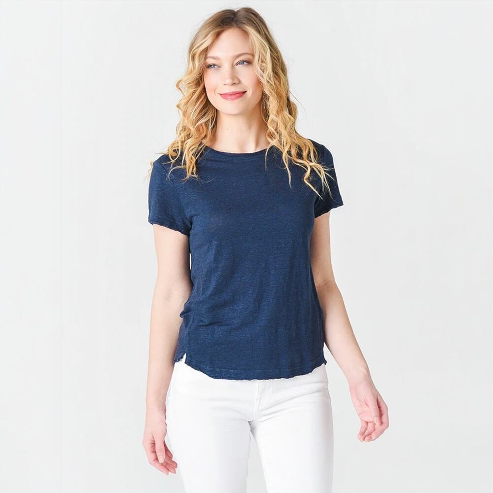 Frame Easy True Tee Organic Linen Navy Blue Natural Fibers T-Shirt Small Raw Hem